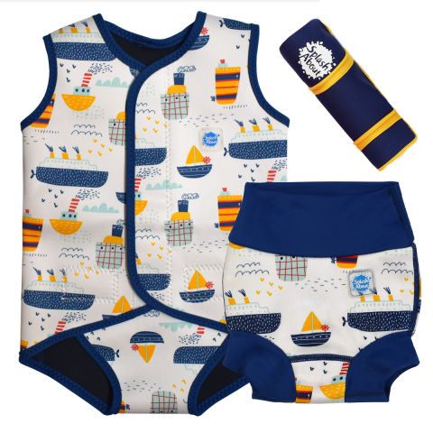 Tug Boats Baby Wrap, Happy Nappy and Navy/Yellow Changing Mat Bundle