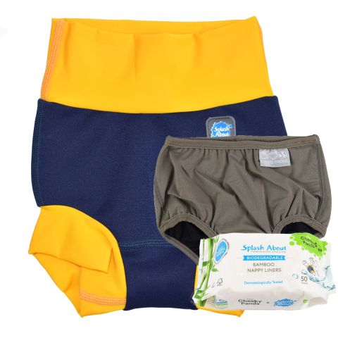 Navy & Yellow Happy Nappy, Silver Lining Nappy Wrap and Liners Bundle