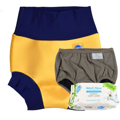 Yellow & Navy Happy Nappy, Silver Lining Nappy Wrap and Liners Bundle