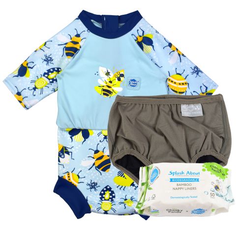 Happy Nappy Sunsuit Bugs Life, Silver Lining Nappy Wrap and Nappy Liners Bundle