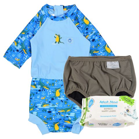 Happy Nappy Sunsuit Crocodile Swamp, Silver Lining Nappy Wrap and Nappy Liners Bundle