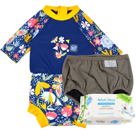 Happy Nappy Sunsuit Garden Delight, Silver Lining Nappy Wrap and Nappy Liners Bundle