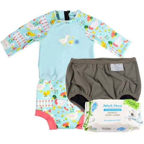Happy Nappy Sunsuit Little Ducks, Silver Lining Nappy Wrap and Nappy Liners Bundle
