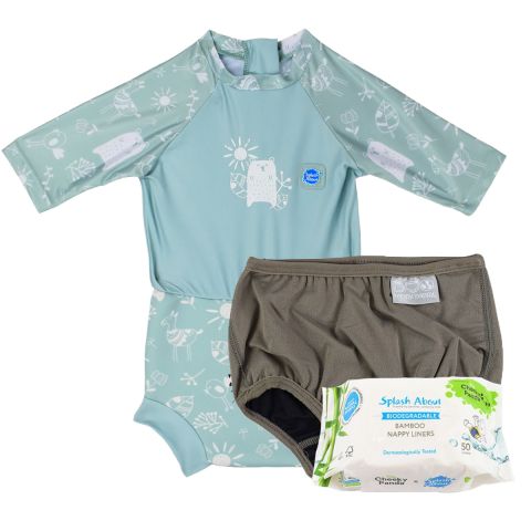 Sunny Bear Happy Nappy Sunsuit, Silver Lining Nappy Wrap and Nappy Liners Bundle
