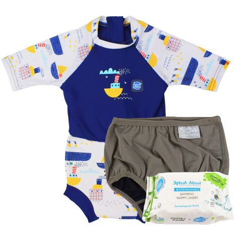 Tug Boats Happy Nappy Sunsuit, Silver Lining Nappy Wrap and Nappy Liners Bundle