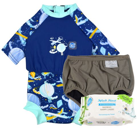 Happy Nappy Sunsuit Up In the Air, Silver Lining Nappy Wrap and Nappy Liners Bundle