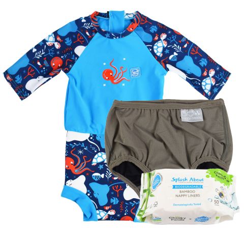 Happy Nappy Sunsuit Under The Sea, Silver Lining Nappy Wrap and Nappy Liners Bundle