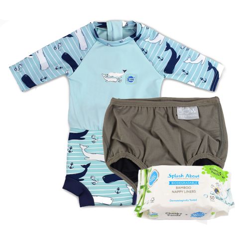 Happy Nappy Sunsuit Vintage Moby, Silver Lining Nappy Wrap and Nappy Liners Bundle