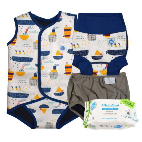 Tug Boats Baby Wrap, Happy Nappy, Silver Lining Nappy Wrap & Liners Bundle