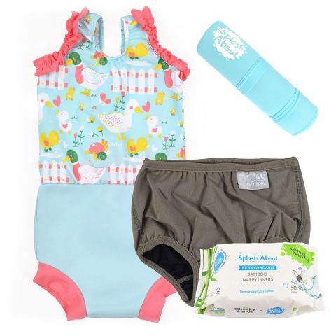 Costume Happy Nappy Little Ducks, Blue Changing Mat, Silver Lining Nappy and Liners Bundle