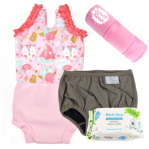 Happy Nappy Costume Owl & the Pussycat, Pink Changing Mat, Silver Lining Nappy and Liners Bundle