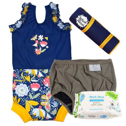 Happy Nappy Costume Garden Delight, Navy Yellow Changing Mat, Silver Lining Nappy and Liners Bundle