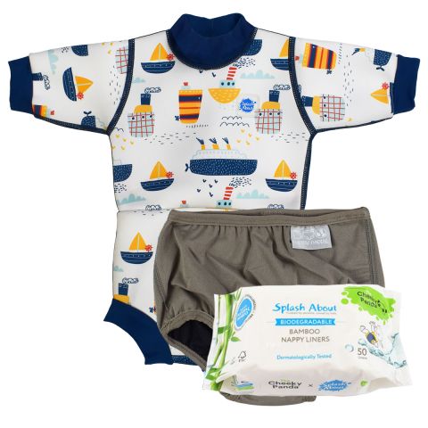 Tug Boats Happy Nappy Wetsuit, Silver Lining Nappy & Nappy Liners Bundle
