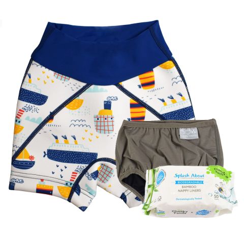 Tug Boats Splash Jammers , Silver Lining Nappy Wrap and Liners Bundle