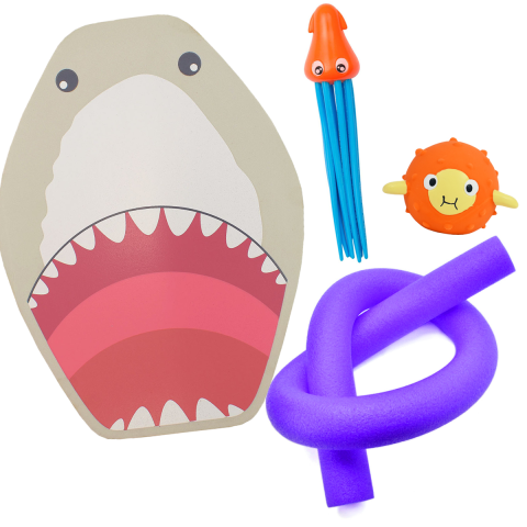 Squid Dive Toy, Pufferfish Pool Toy, Shark Float Board & Noodle Mini Bundle