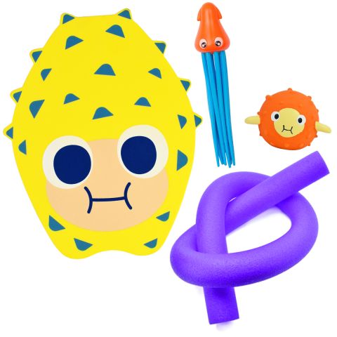Squid Dive Toy, Pufferfish Toy, Float Board & Noodle Mini Bundle