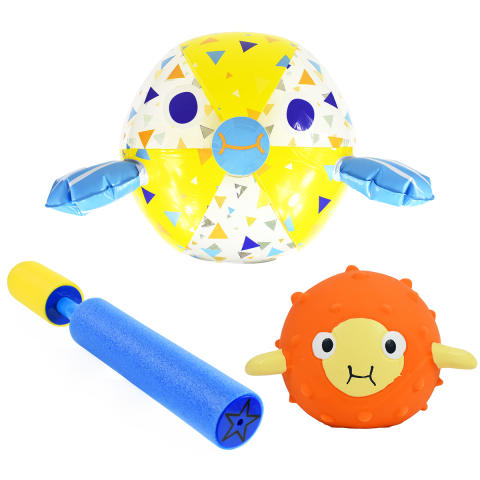 Pufferfish Toy, Beach Ball and Medium Water Soaker Bundle