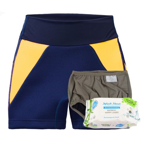 Navy & Yellow Splash Jammers, Silver Lining Nappy Wrap and Liners Bundle
