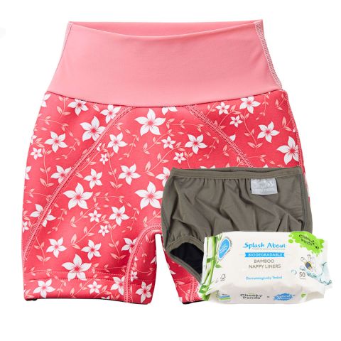 Pink Blossom Splash Jammers, Silver Lining Nappy Wrap and Liners Bundle